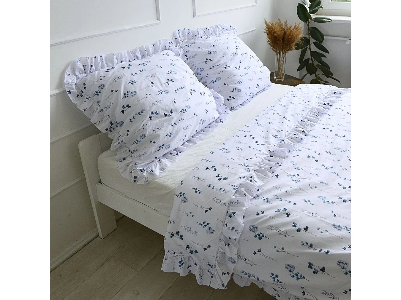 Housse de couette à volant en coton bleu 160x200 cm