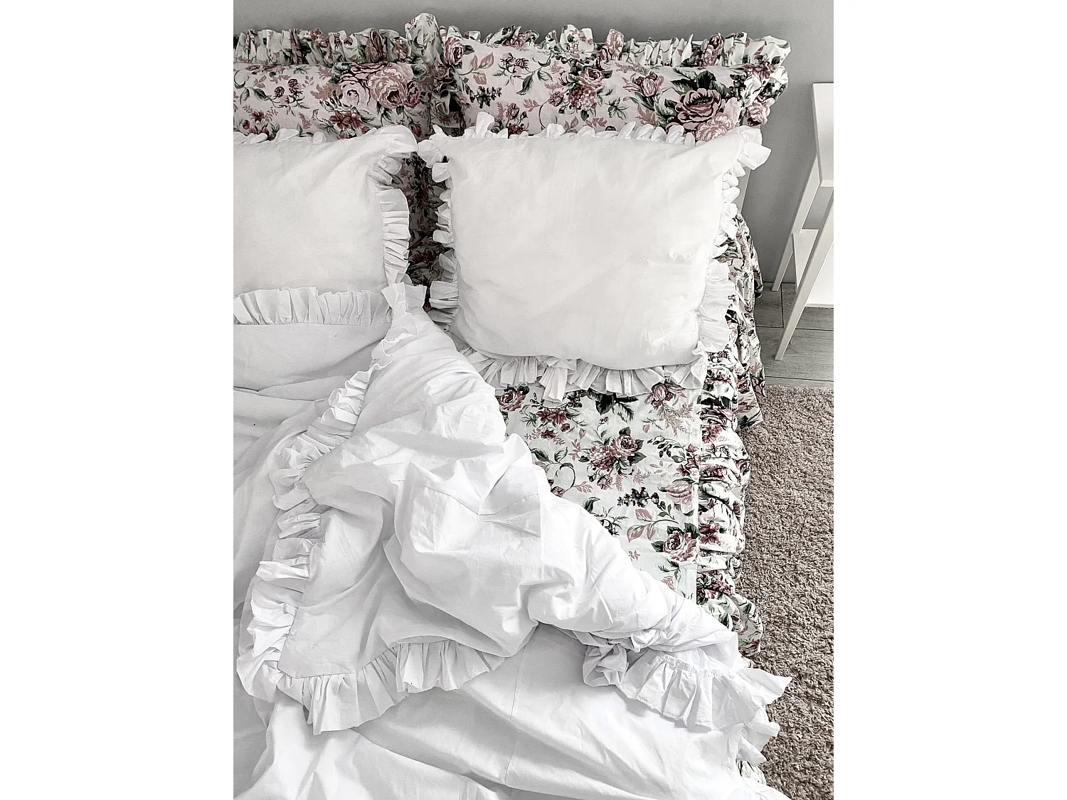 Drap-housse à volants rétro en coton à fleurs 180/200 cm