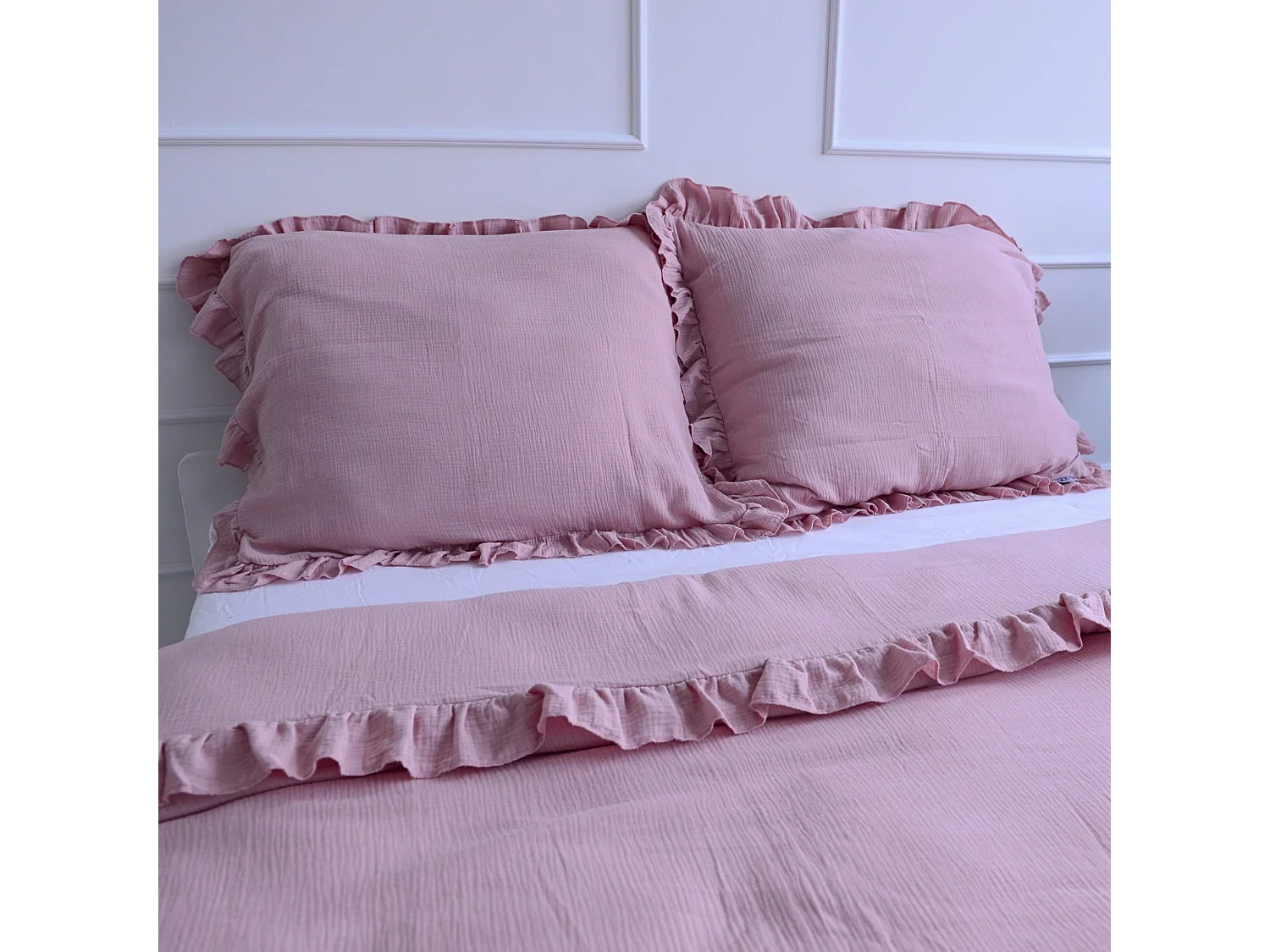 Parure de lit en mousseline à volant, tissu mousseline, rose, 160x200 cm + 2 taies 70x80 cm