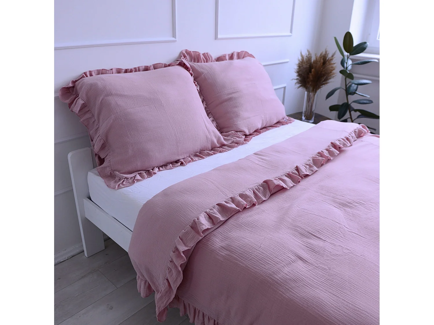 Parure de lit en mousseline à volant, tissu mousseline, rose, 180x200 cm + 2 taies 70x80 cm