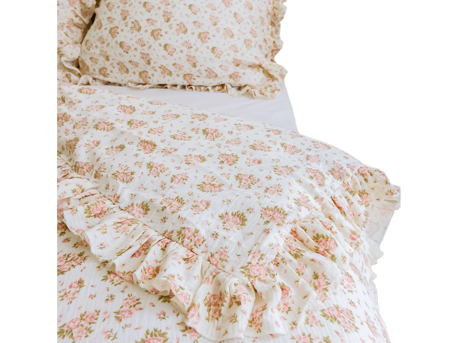 Parure de lit en mousseline à volant, coton, rose, 220x200 cm + 2 taies 70x80 cm