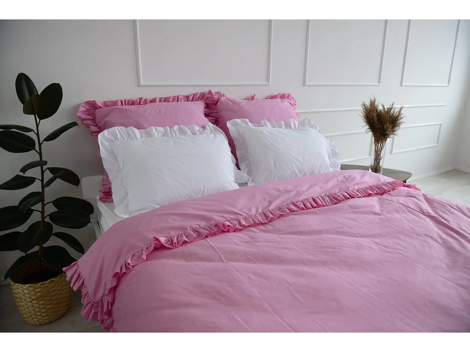 Parure de lit en coton à volant, rose et blanc, 180x200 cm