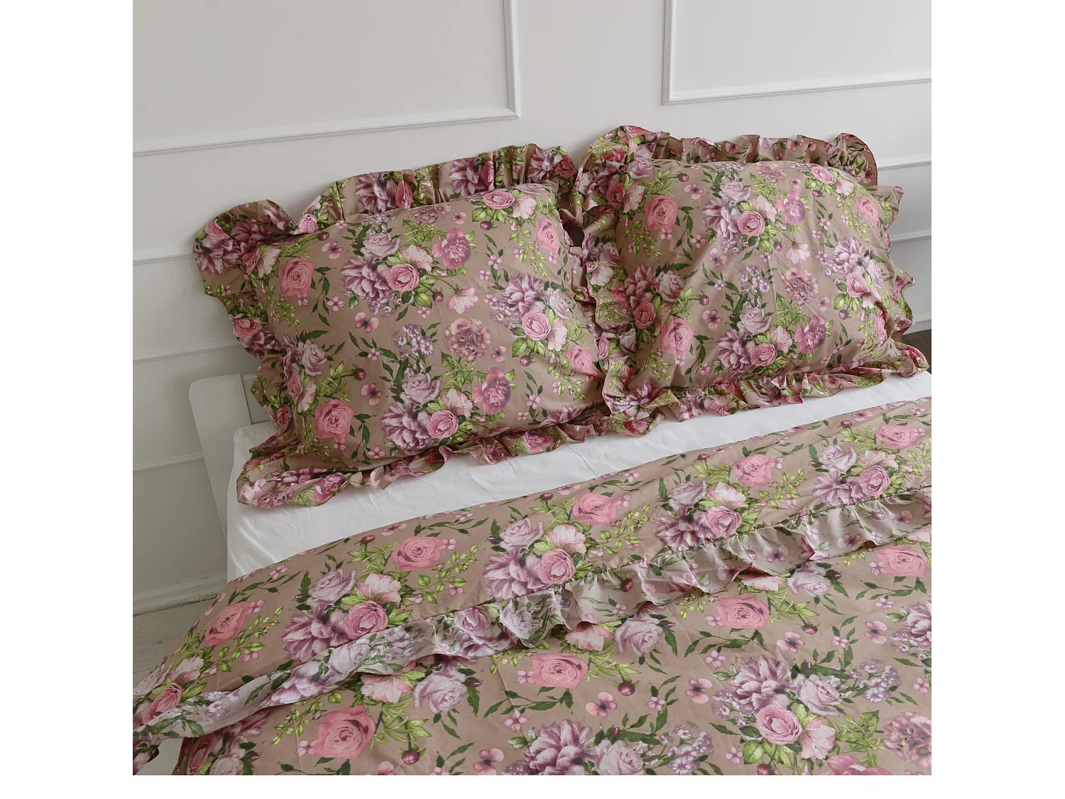 Parure de lit en coton à volant fleurs roses 180x200 cm + 2 taies 70x80 cm