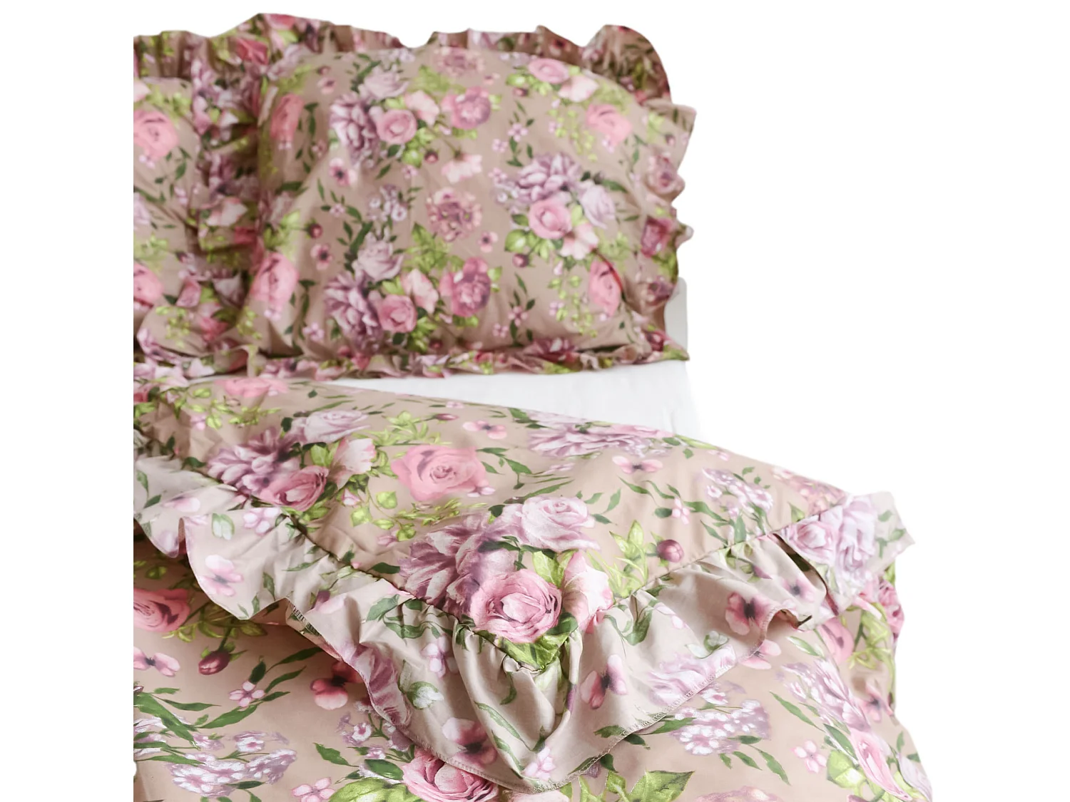 Parure de lit en coton à volant fleurs roses 180x200 cm + 2 taies 70x80 cm