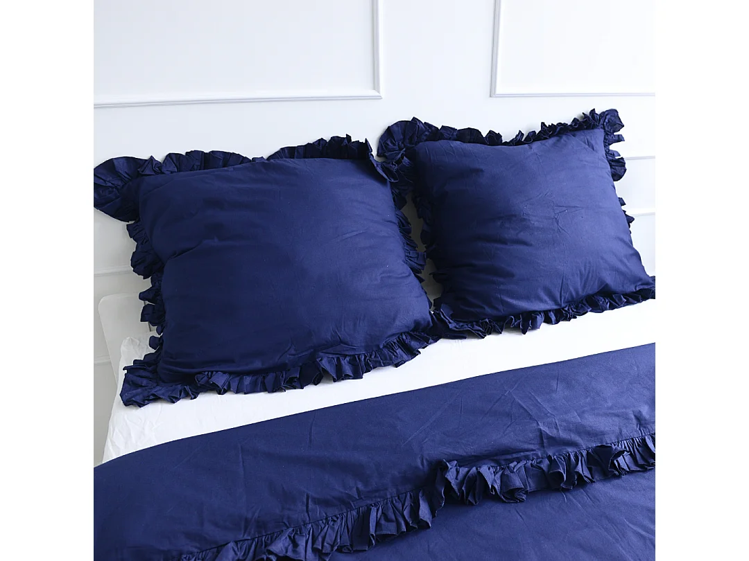 Parure de lit en coton à volant, bleu marine, 160x200 cm + 2 taies 70x80 cm