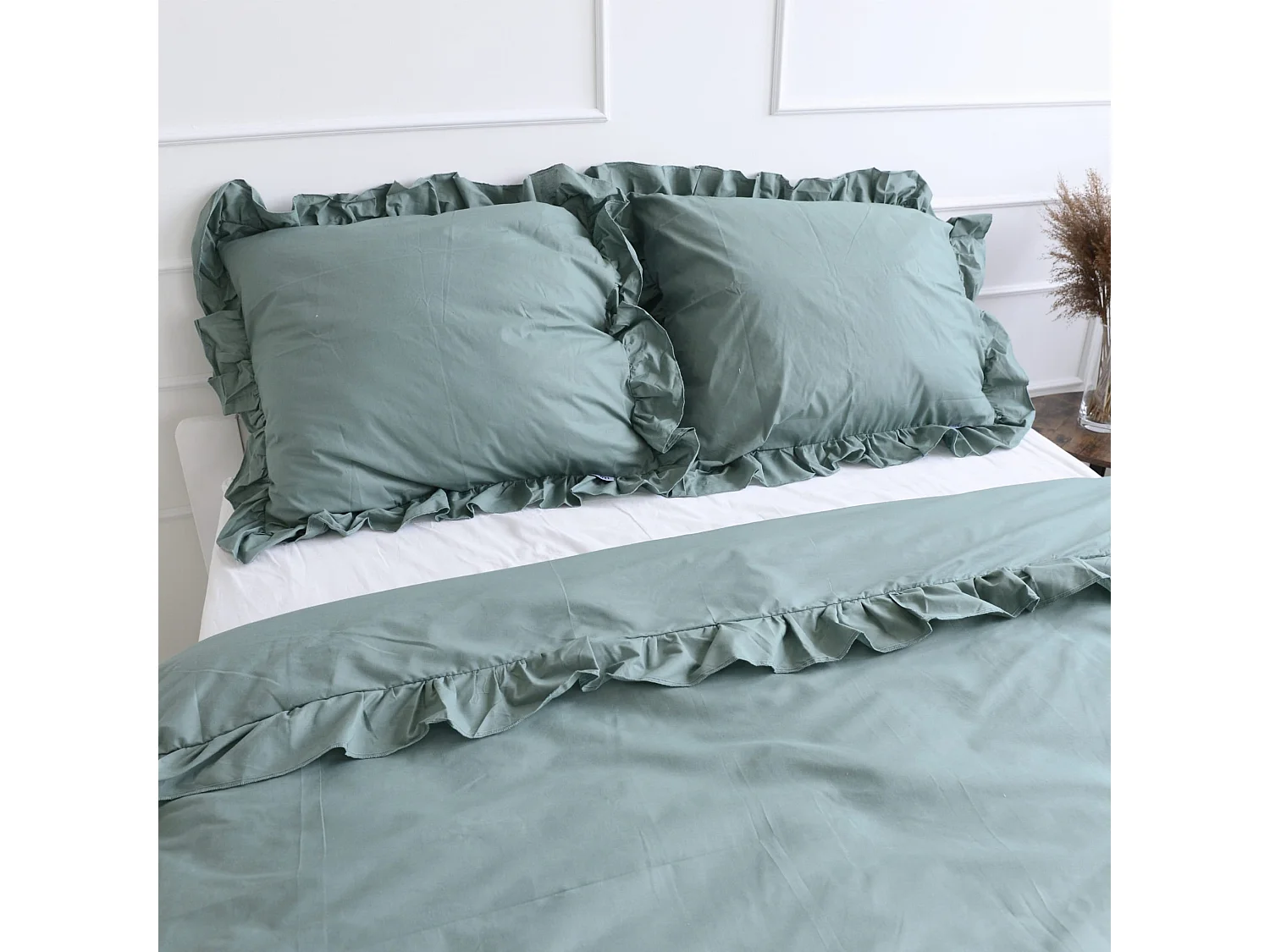 Parure de lit en coton à volant bohème vert 180x200 cm + 2 taies 70x80 cm
