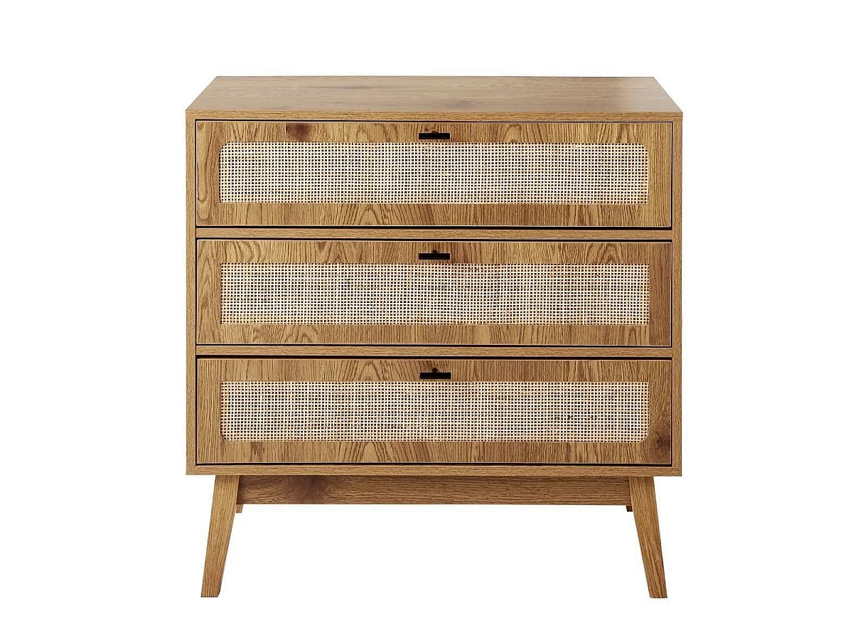 Kommode mit 3 Schubladen, Rattanfronten und Holzfüßen, L80 cm - ALIA