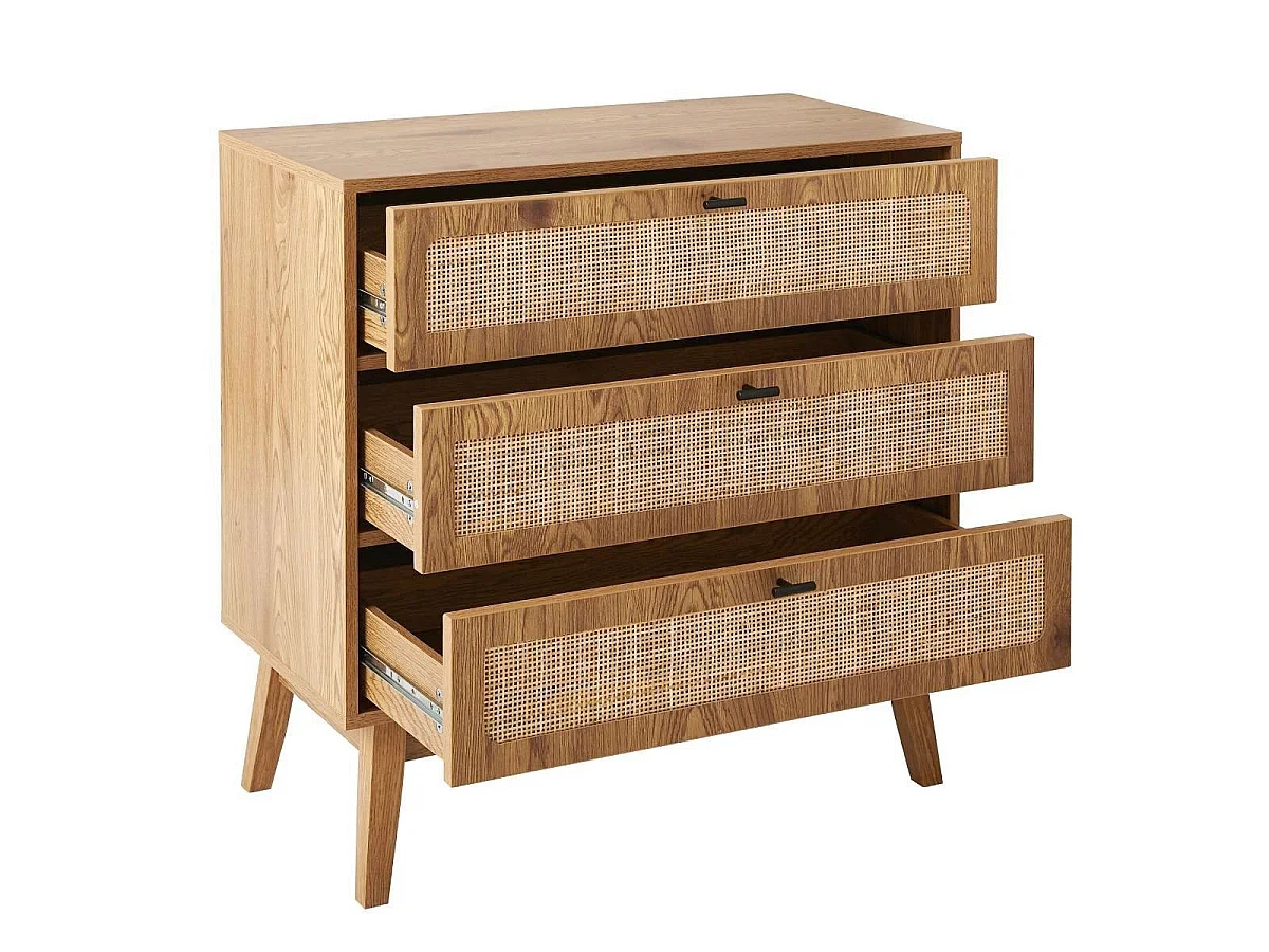 Kommode mit 3 Schubladen, Rattanfronten und Holzfüßen, L80 cm - ALIA