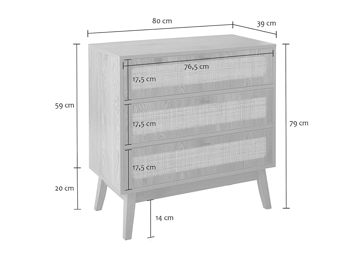 Kommode mit 3 Schubladen, Rattanfronten und Holzfüßen, L80 cm - ALIA