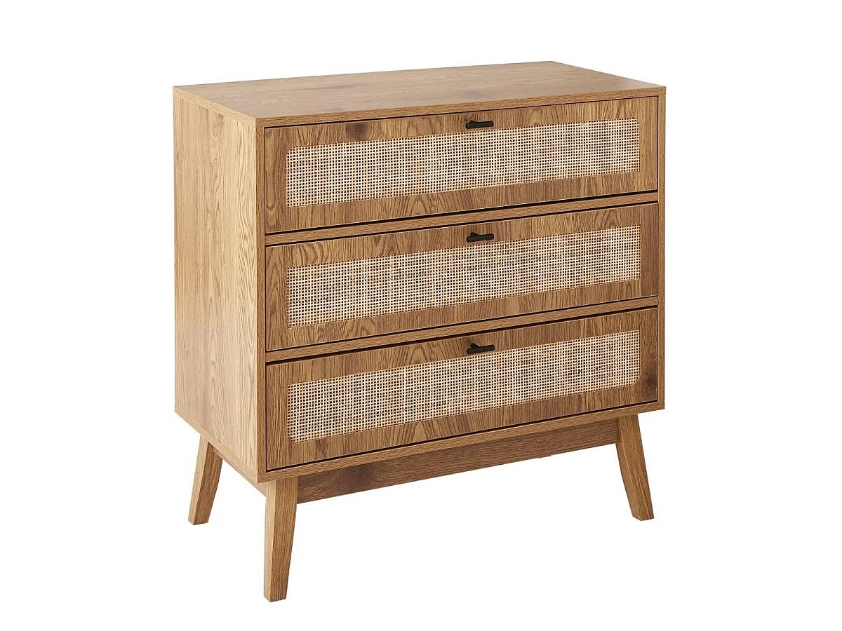 Kommode mit 3 Schubladen, Rattanfronten und Holzfüßen, L80 cm - ALIA