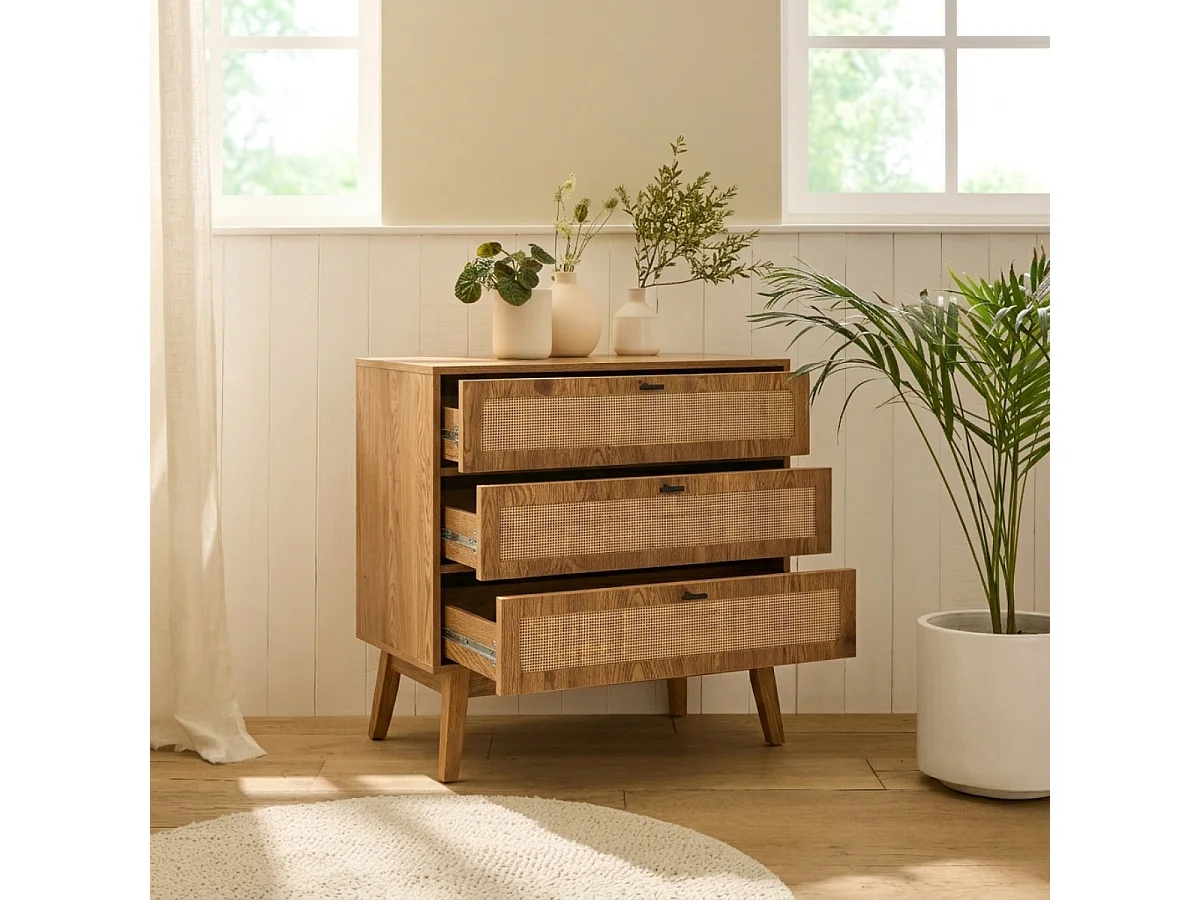 Kommode mit 3 Schubladen, Rattanfronten und Holzfüßen, L80 cm - ALIA