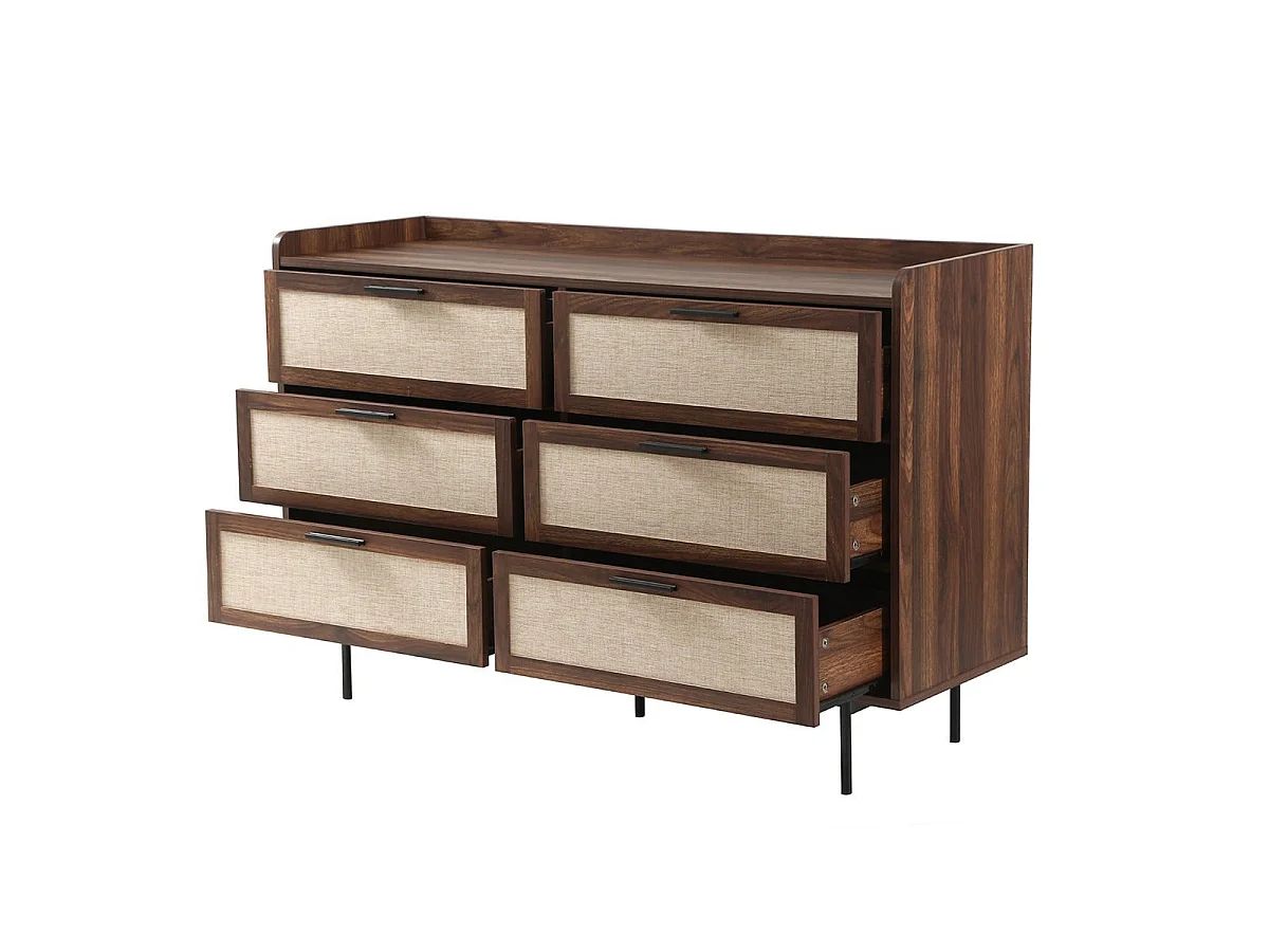 Kommode Nussbaumdekor, 6 Schubladen Fronten aus echtem Stoff L120 cm - JETSON