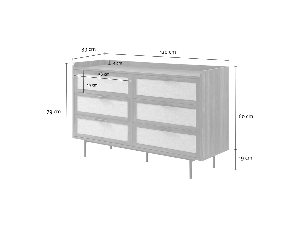 Kommode Nussbaumdekor, 6 Schubladen Fronten aus echtem Stoff L120 cm - JETSON
