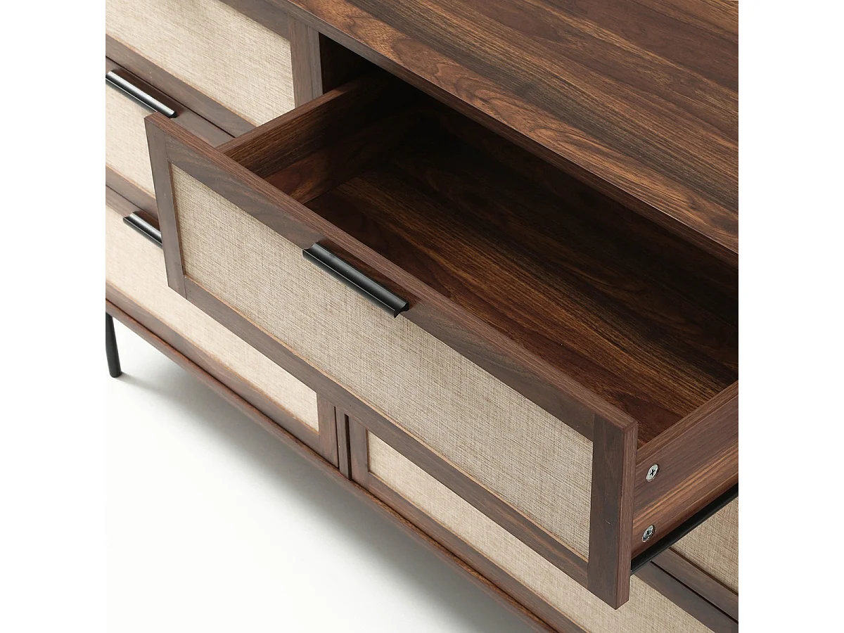 Kommode Nussbaumdekor, 6 Schubladen Fronten aus echtem Stoff L120 cm - JETSON