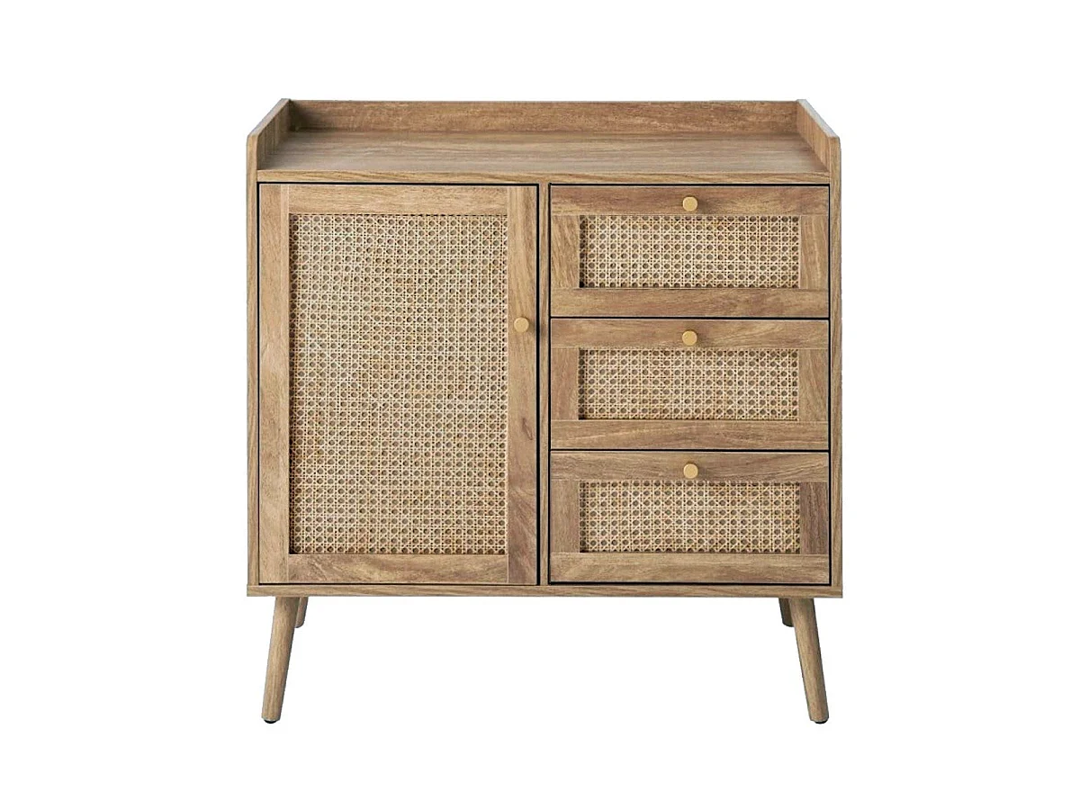 Kommode mit 1 Tür und 3 Schubladen, Rattanfronten und Holzfüßen, L80 cm - PALMO