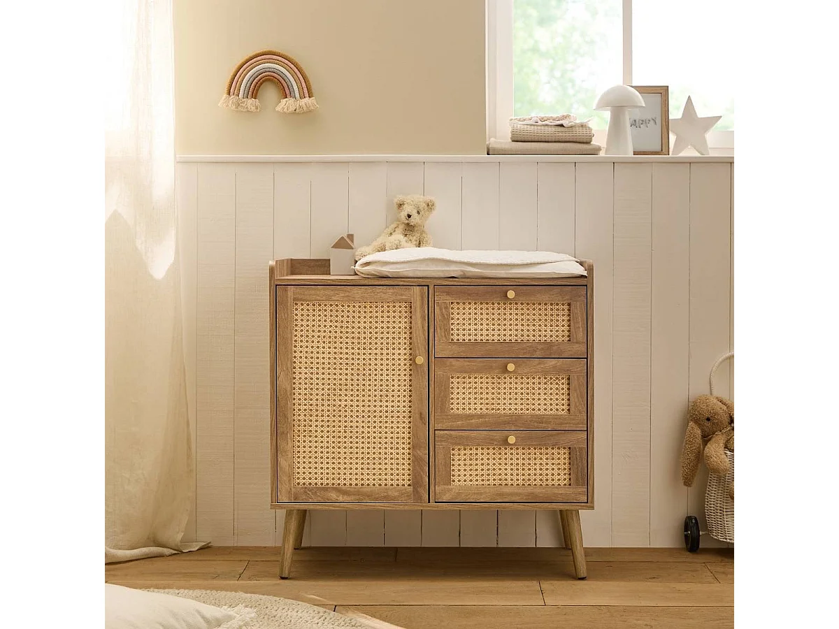 Kommode mit 1 Tür und 3 Schubladen, Rattanfronten und Holzfüßen, L80 cm - PALMO