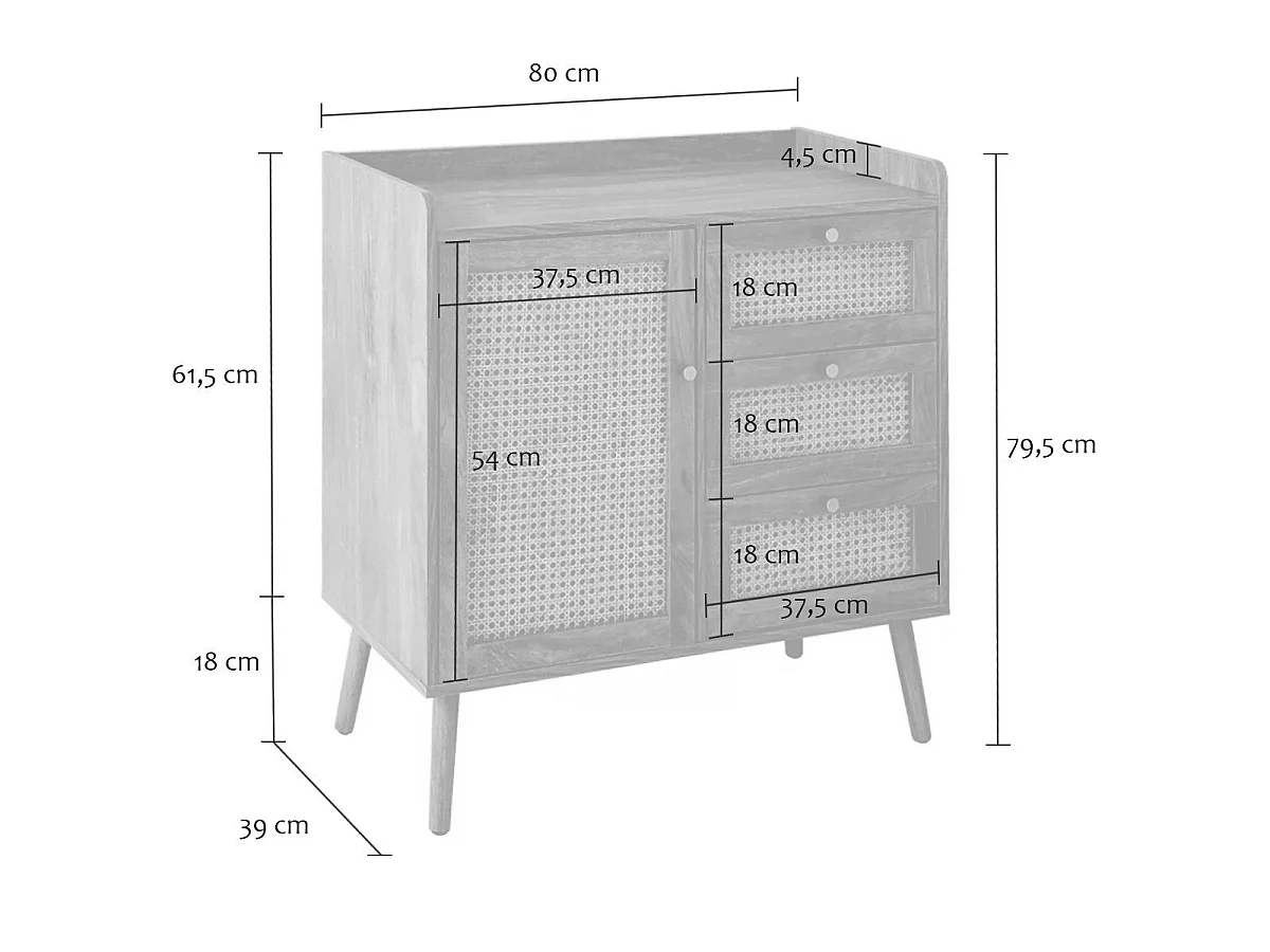 Kommode mit 1 Tür und 3 Schubladen, Rattanfronten und Holzfüßen, L80 cm - PALMO