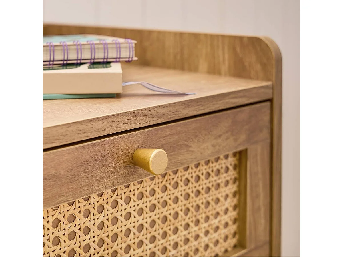 Kommode mit 1 Tür und 3 Schubladen, Rattanfronten und Holzfüßen, L80 cm - PALMO