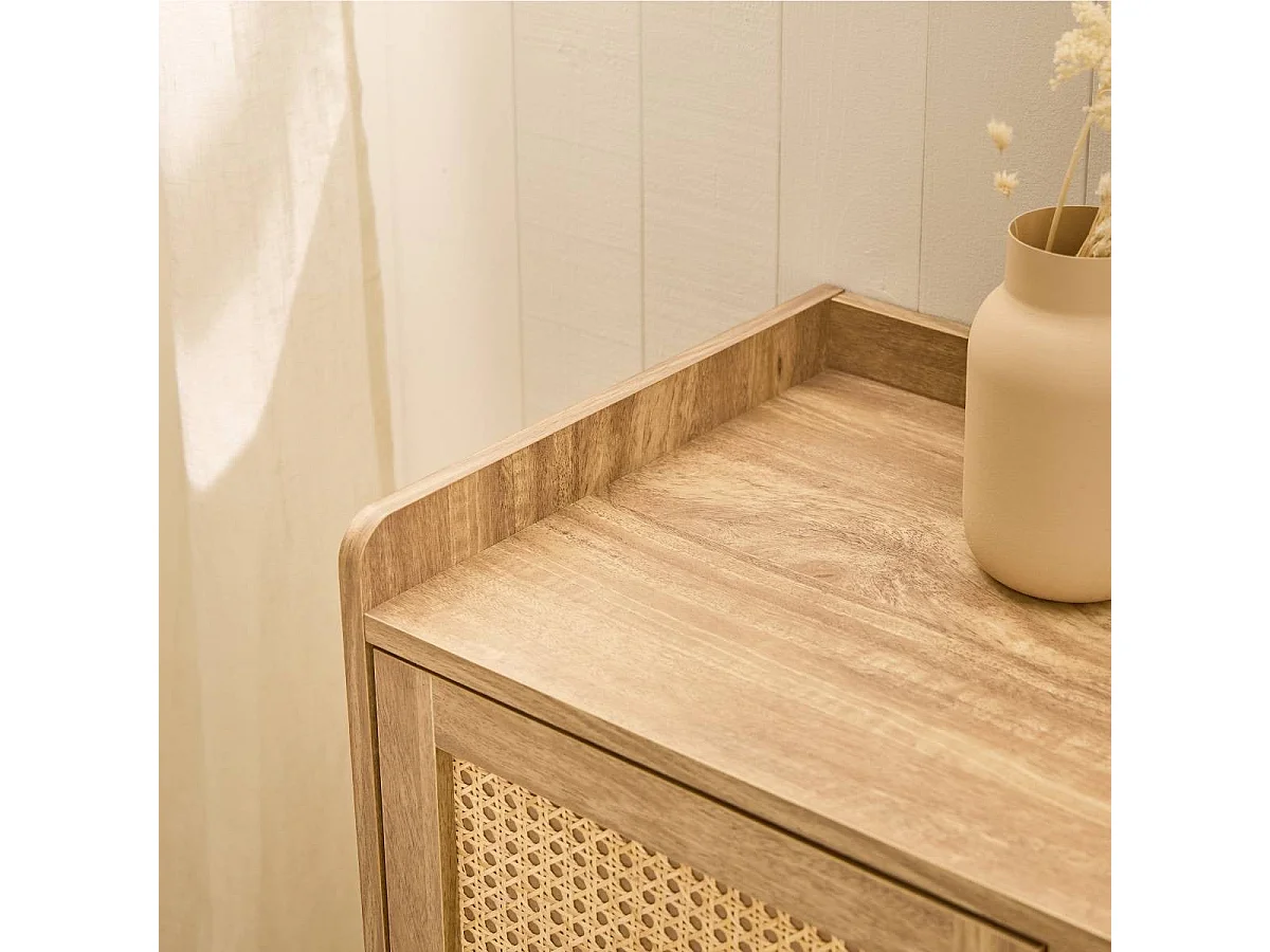 Kommode mit 1 Tür und 3 Schubladen, Rattanfronten und Holzfüßen, L80 cm - PALMO
