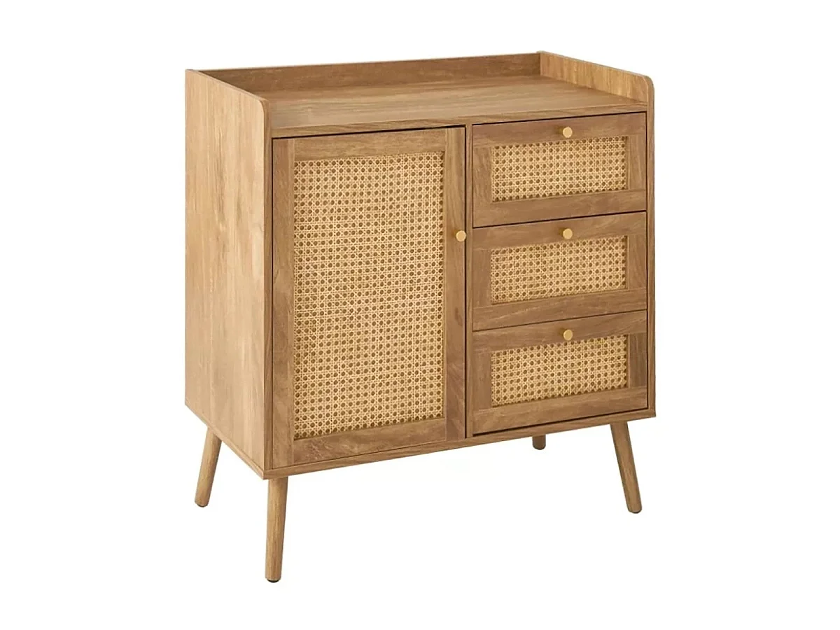 Kommode mit 1 Tür und 3 Schubladen, Rattanfronten und Holzfüßen, L80 cm - PALMO