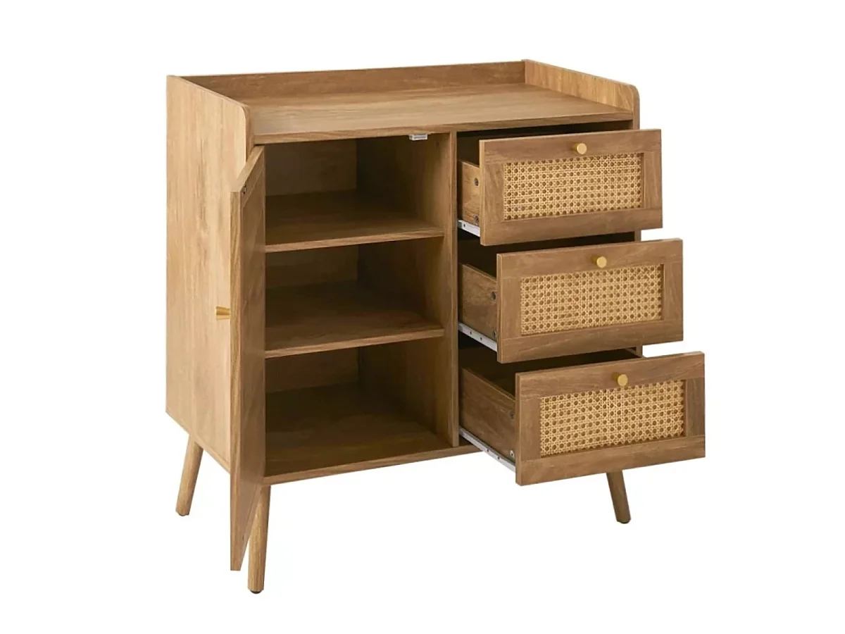 Kommode mit 1 Tür und 3 Schubladen, Rattanfronten und Holzfüßen, L80 cm - PALMO