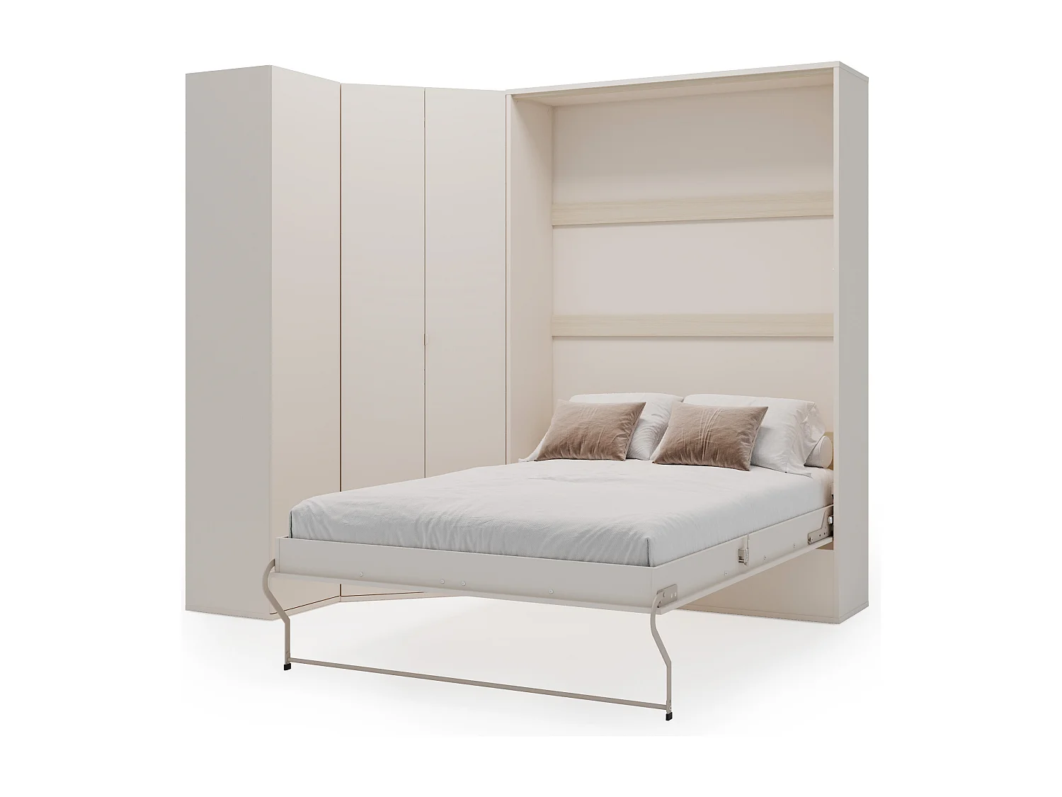 Lit escamotable vertical 140 x 200 cm - Avec armoire d'angle - Beige et naturel - NILODIA