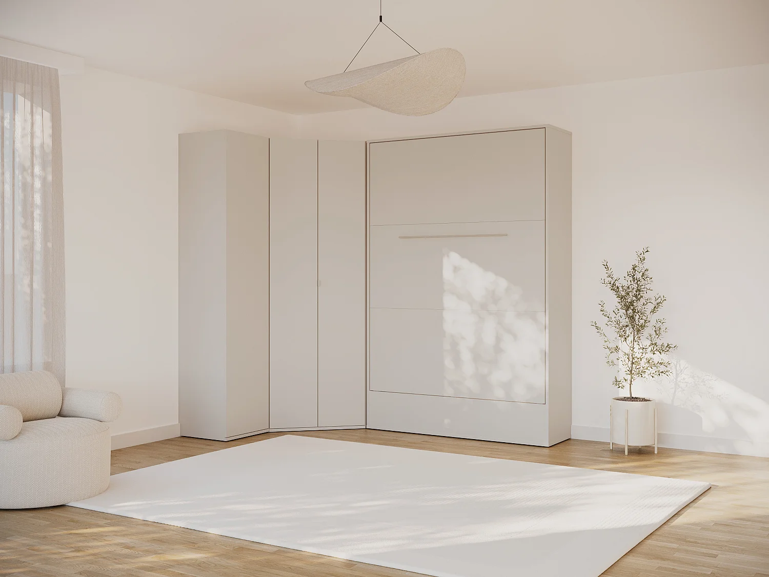 Lit escamotable vertical 140 x 200 cm - Avec armoire d'angle - Beige et naturel - NILODIA
