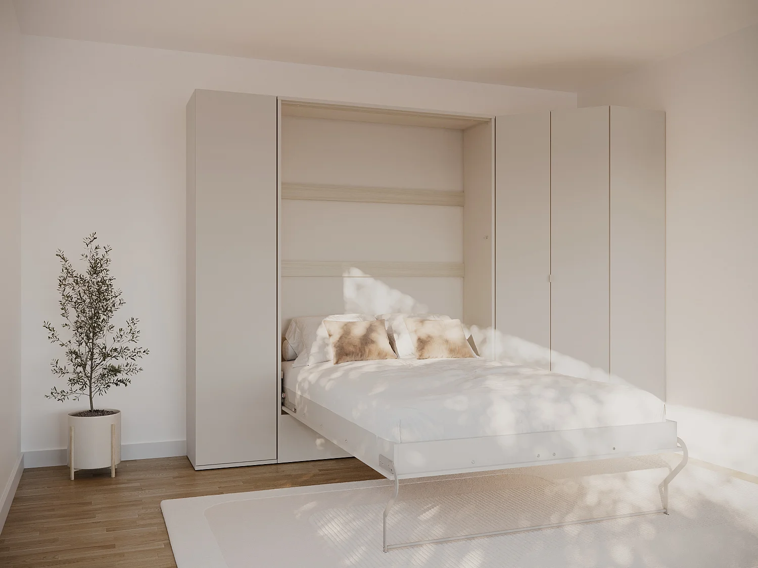 Lit escamotable vertical 140 x 200 cm - Avec armoire d'angle - Beige et naturel - NILODIA