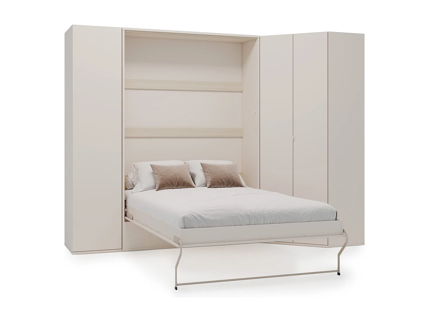 Lit escamotable vertical 140 x 200 cm - Avec armoire d'angle - Beige et naturel + Matelas - NILODIA