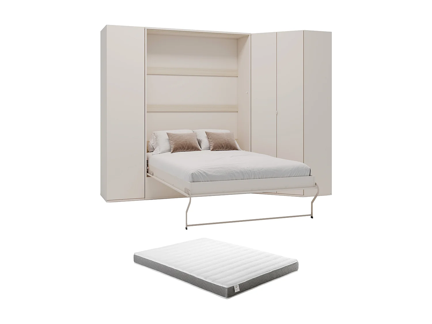 Lit escamotable vertical 140 x 200 cm - Avec armoire d'angle - Beige et naturel + Matelas - NILODIA
