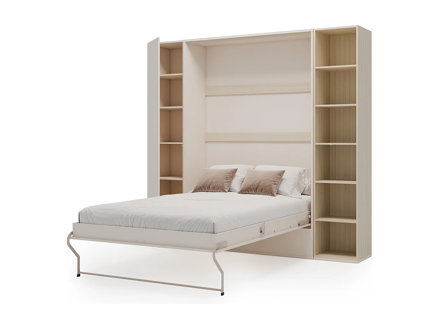 Lit escamotable vertical 140 x 200 cm - Avec bibliothèque et armoire - Beige et naturel + Matelas - NILODIA