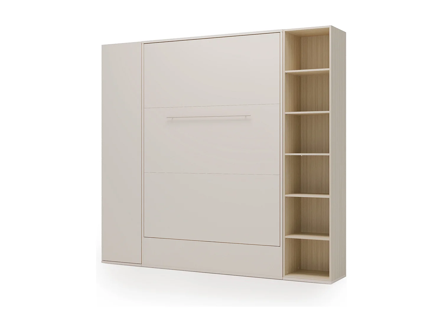 Lit escamotable vertical 140 x 200 cm - Avec bibliothèque et armoire - Beige et naturel + Matelas - NILODIA