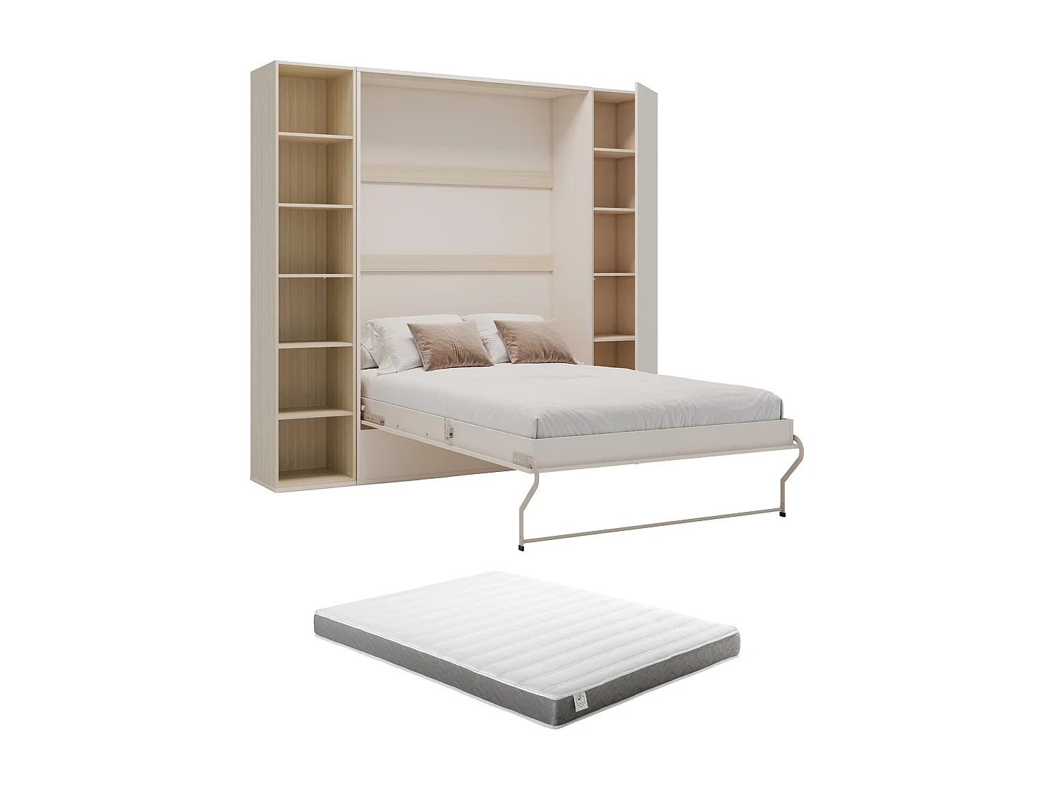 Lit escamotable vertical 140 x 200 cm - Avec bibliothèque et armoire - Beige et naturel + Matelas - NILODIA