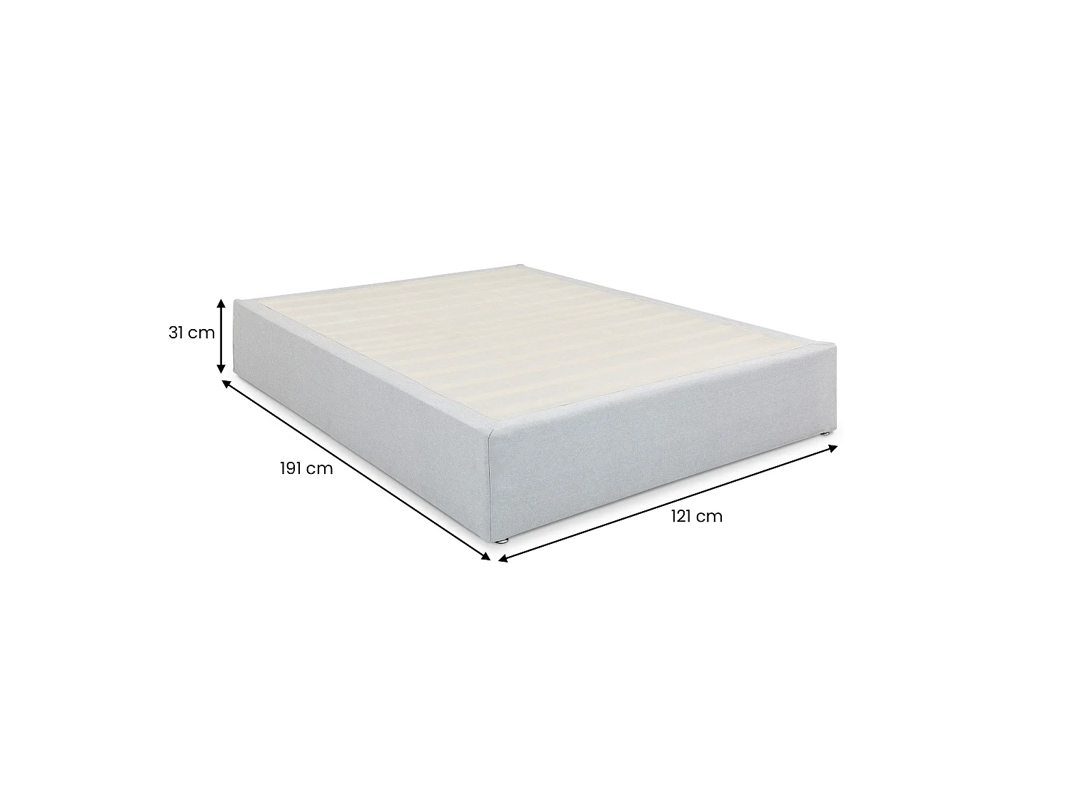Sommier tapissier MAYA 120 x 190 cm structure en bois et revêtement en tissu gris , cadre de lit avec pieds