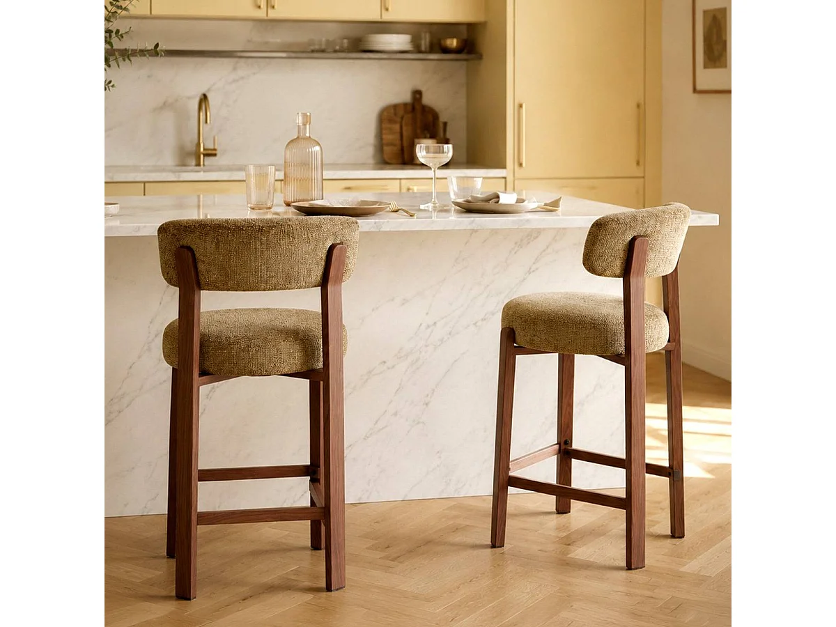 Tabouret de bar en tissu vert et métal effet bois Manon (lot de 2)
