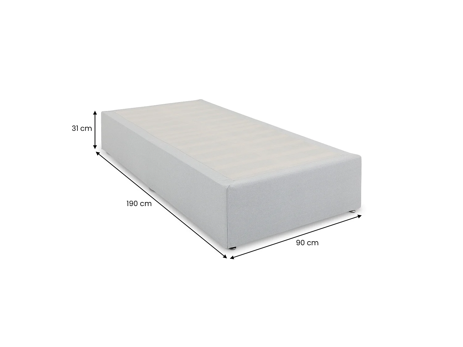 Sommier tapissier MAYA 90 x 190 cm structure en bois et revêtement en tissu gris, cadre de lit avec pieds