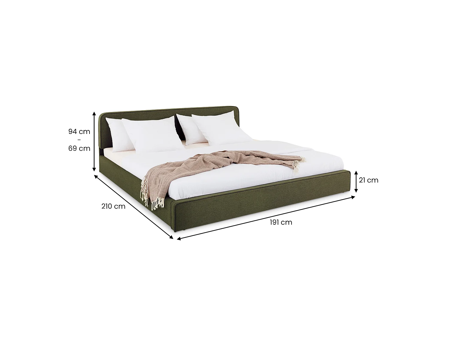 Lit Double LATINI 180x200, en Tissu Vert, Lit King Size 2 Personnes avec Sommier à Lattes Inclus, Design Moderne