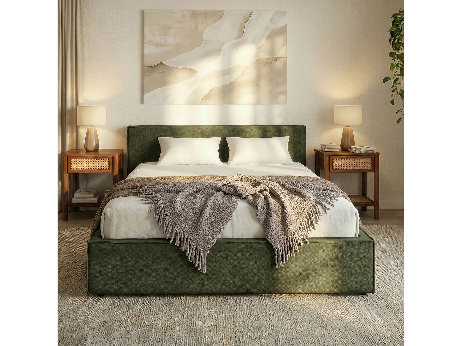 Lit Double PESARO rembourré 160x200 cm, Tête de lit en Tissu, Vert, avec Sommier, Lit Queen Size pour Adulte, Lit 2 Places Rembourré