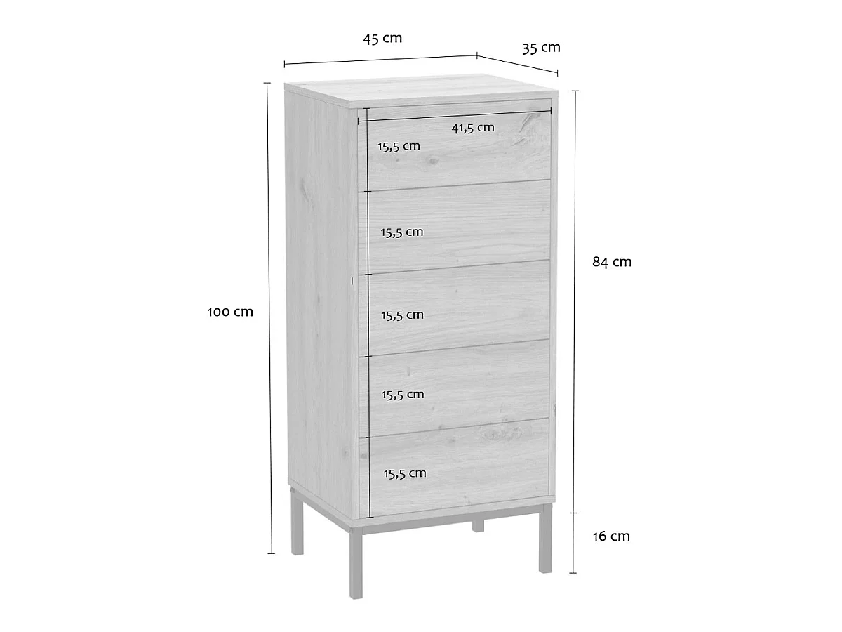 Hochkommode mit 5 Schubladen und Metallfüßen H100 cm - LENNY