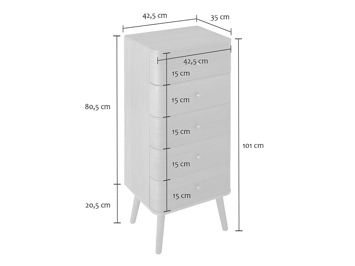 Hochkommode mit 5 Schubladen und abgerundeten Frontkanten, H100 cm - KARL