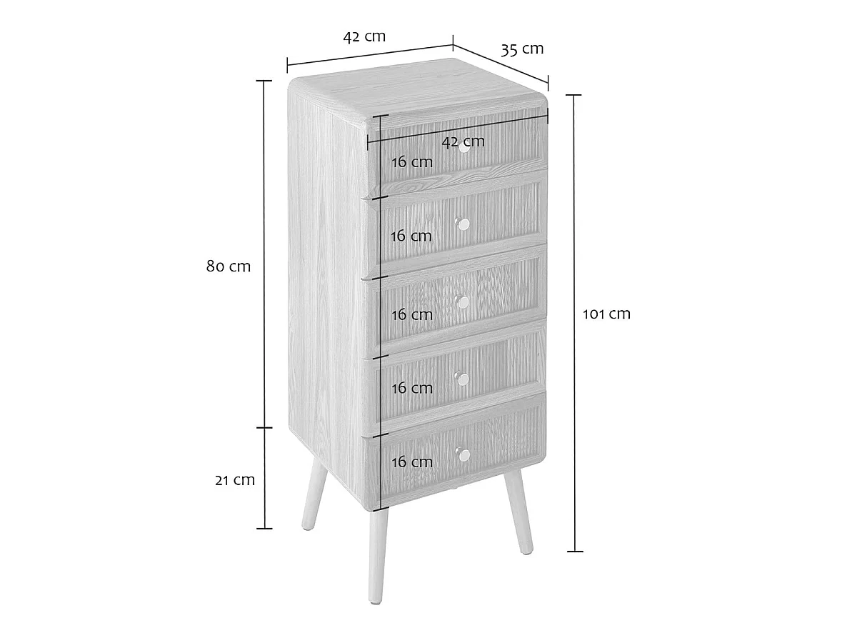 Hochkommode mit 5 Schubladen und lamellenartiger Front H100 cm - AVA