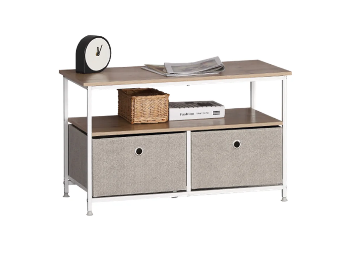Table basse 2 tiroirs et 2 tablettes décor chêne clair L80 cm - LISA