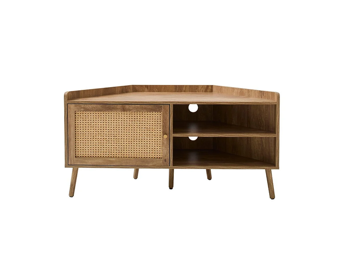Mobile TV angolare con 1 porta e frontale in rattan e 2 nicchie aperte L120 cm - PALMO