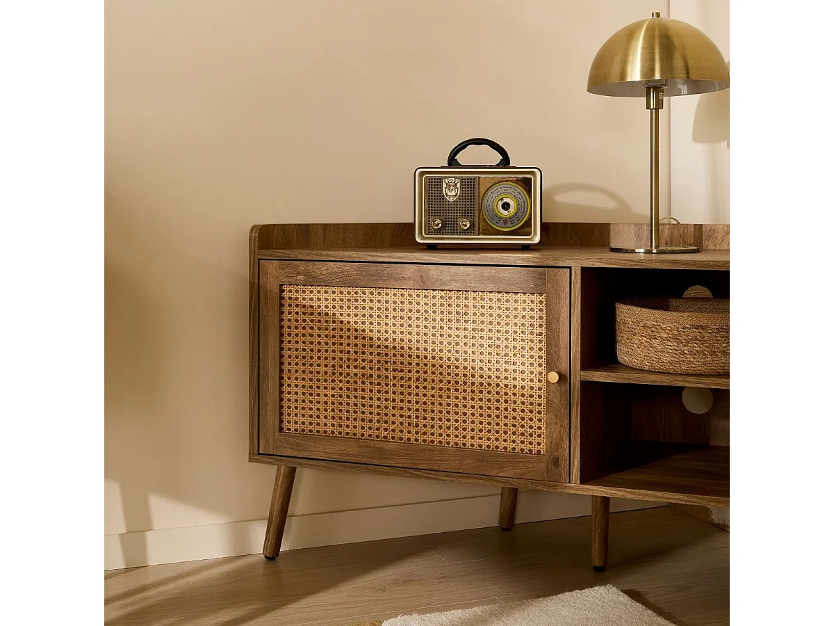 Mobile TV angolare con 1 porta e frontale in rattan e 2 nicchie aperte L120 cm - PALMO