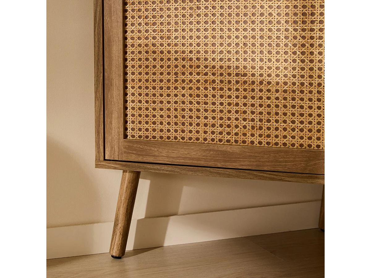 Mobile TV angolare con 1 porta e frontale in rattan e 2 nicchie aperte L120 cm - PALMO