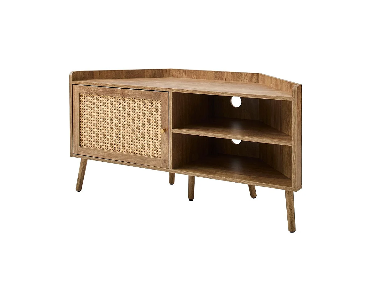 Mobile TV angolare con 1 porta e frontale in rattan e 2 nicchie aperte L120 cm - PALMO