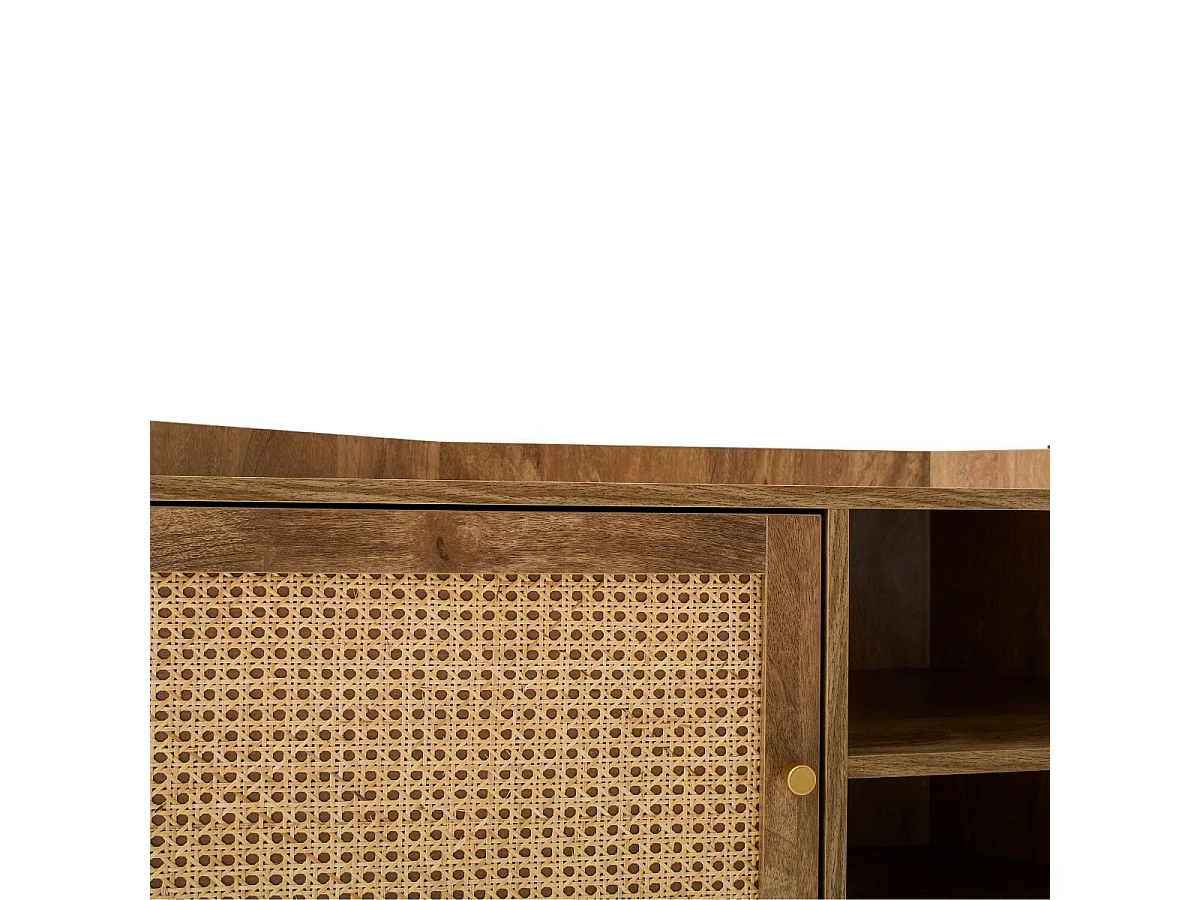 Mobile TV angolare con 1 porta e frontale in rattan e 2 nicchie aperte L120 cm - PALMO