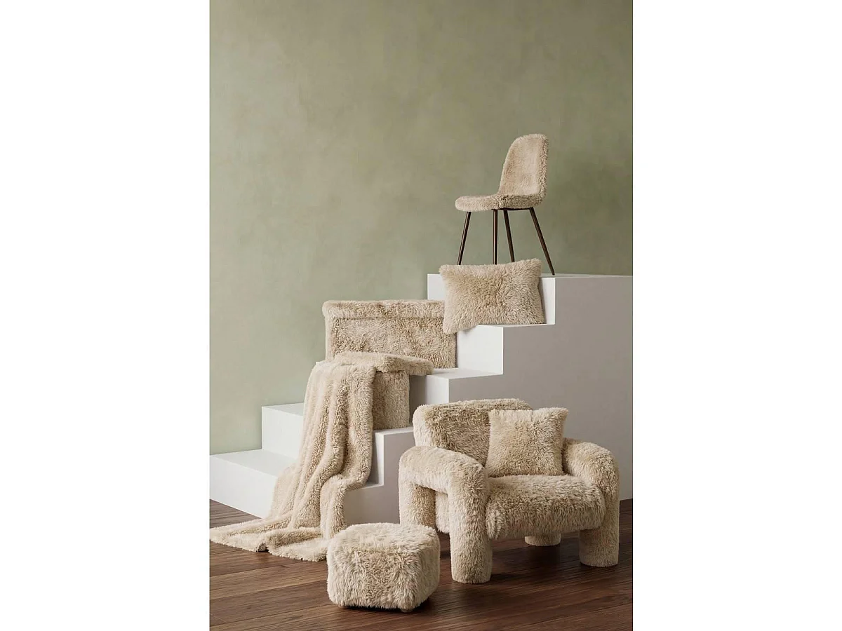 Pouf Coffre Imitation Fourrure "Duvia" 38cm Beige Lin