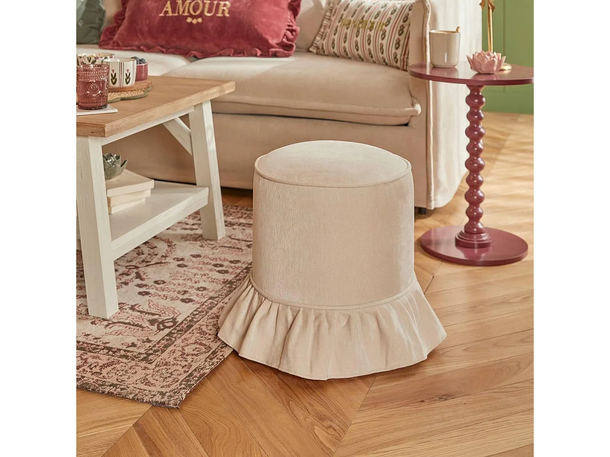 Pouf Chenille à Volant "Fiora" 41cm Ivoire