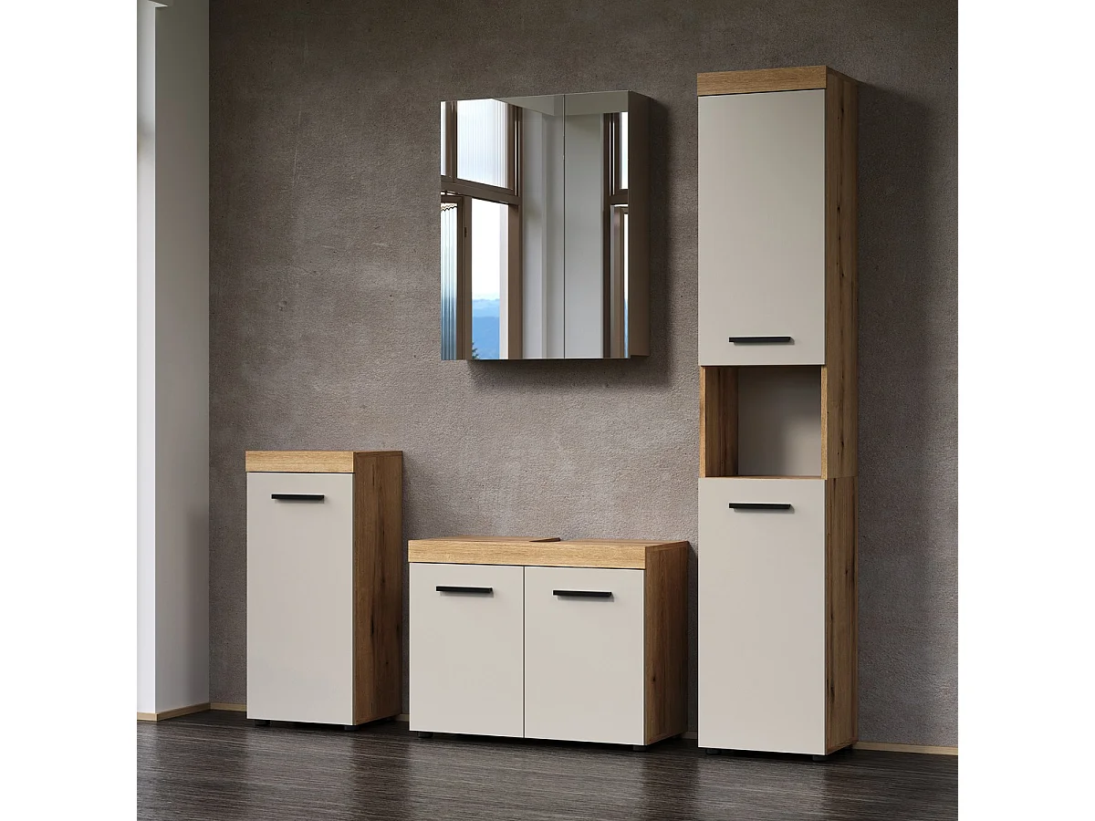 Badezimmerschrank, 2 Türen, Eichendekor und Kaschmir H 184 cm - MINA